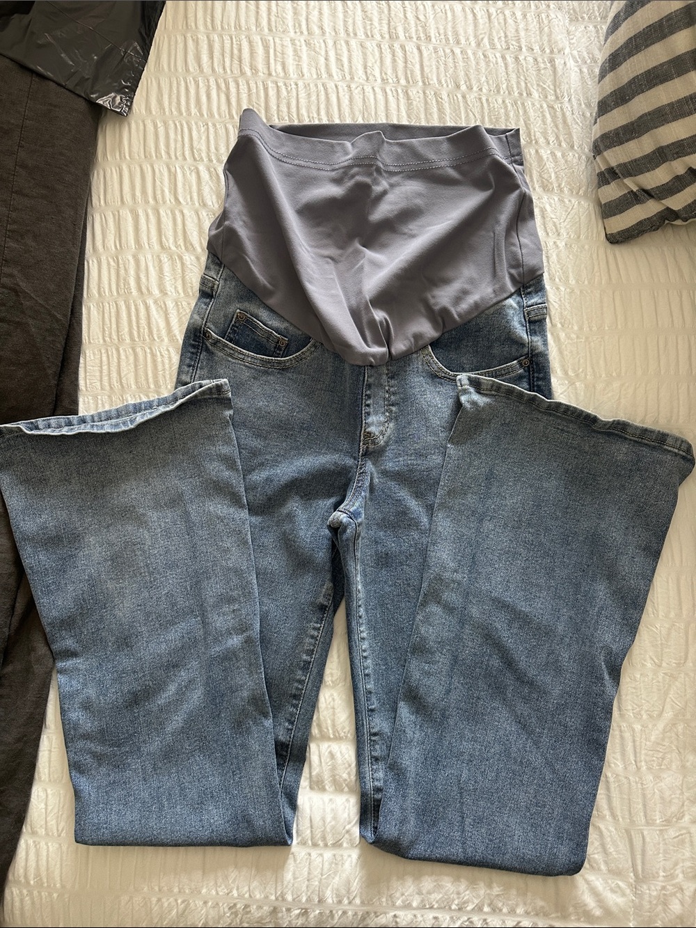 Maternity Flared Jeans with Stretch Waistband - Blue and Gray